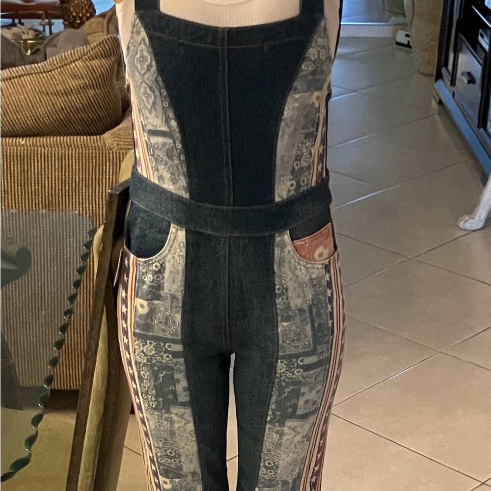 Free People Blue Patchwork Denim Overalls with Americana Panels - Picture 2 of 14